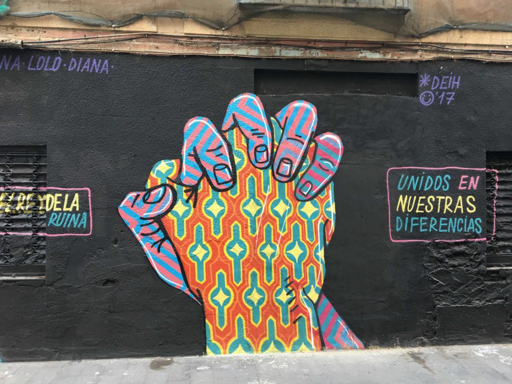 ein Deteil einer Arbeit von DEIH dass zwei unterschiedlich farbig dargestellte Hände darstellt