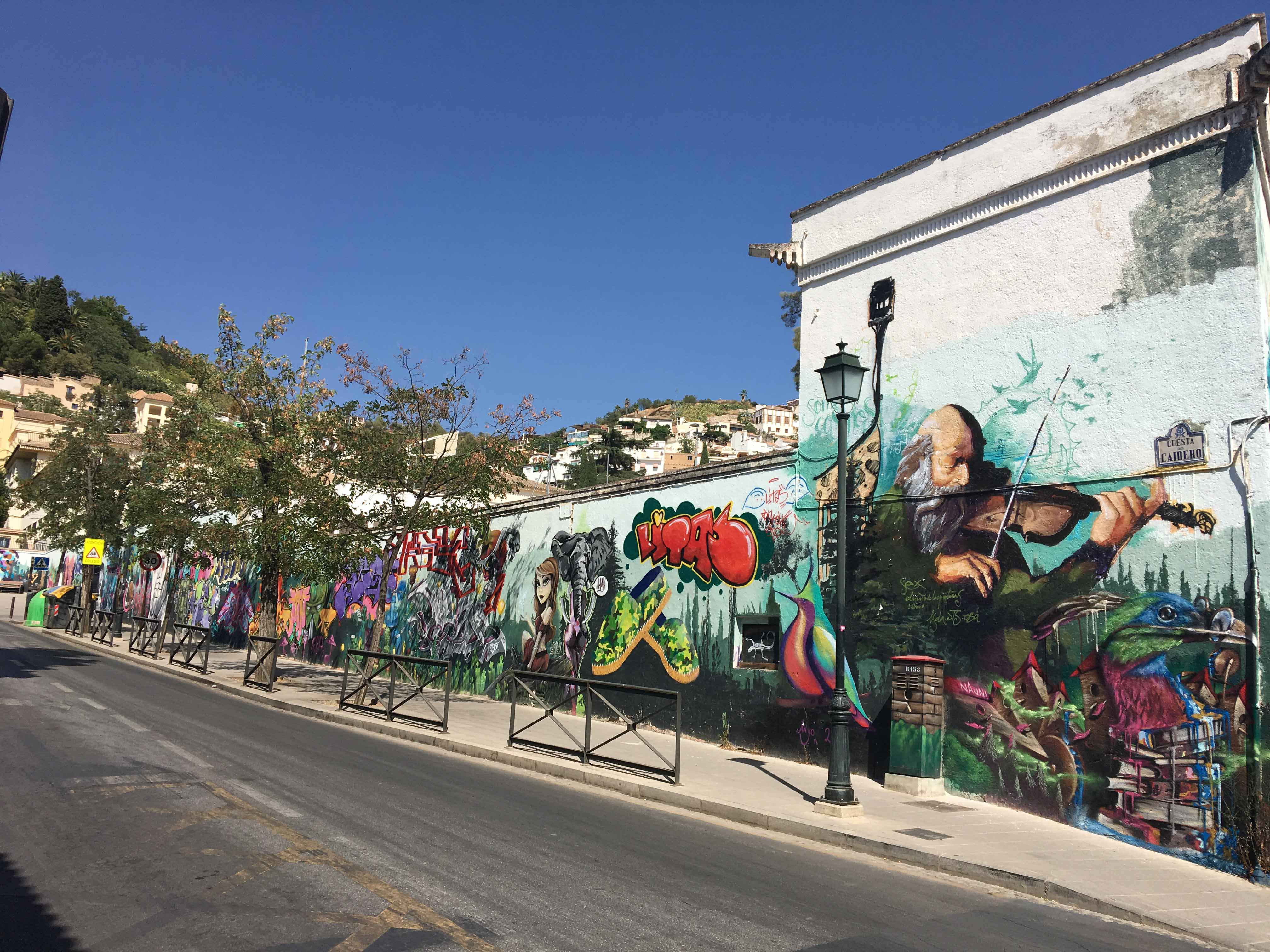 lange Wand mit Murals u.a. von El Niño de las Pinturas, ein Geiger ist zu sehen
