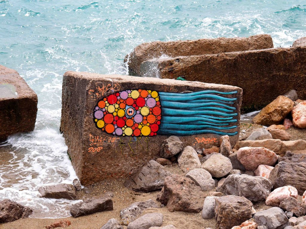 bemalter Stein im Meer